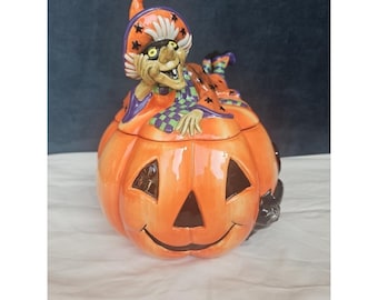 Fitz and Floyd Witch Hazel Cookie Jar Jack O Lantern Black Cat Bats - no box