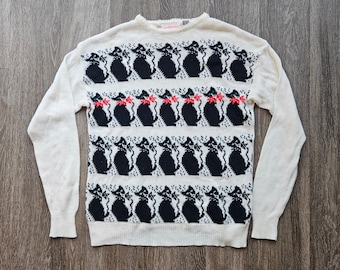 Suéter feminino vintage Eclipse Los Angeles com estampa de gato, nas cores branco, preto e vermelho, tamanho G.