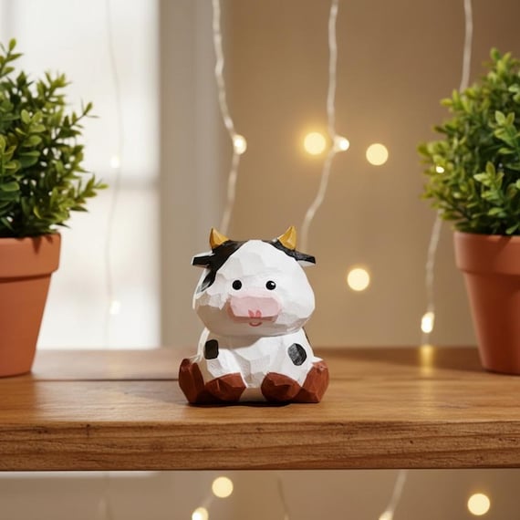 木製の牛の置物 - 手作りの誕生日、デスクの装飾、4 cmのミニホワイト