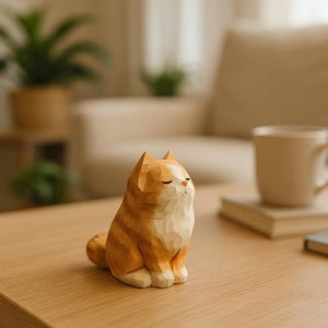 Hand Carved Wooden Cat Figurine: Miniature Natural Wood Sculpture (3.6cm