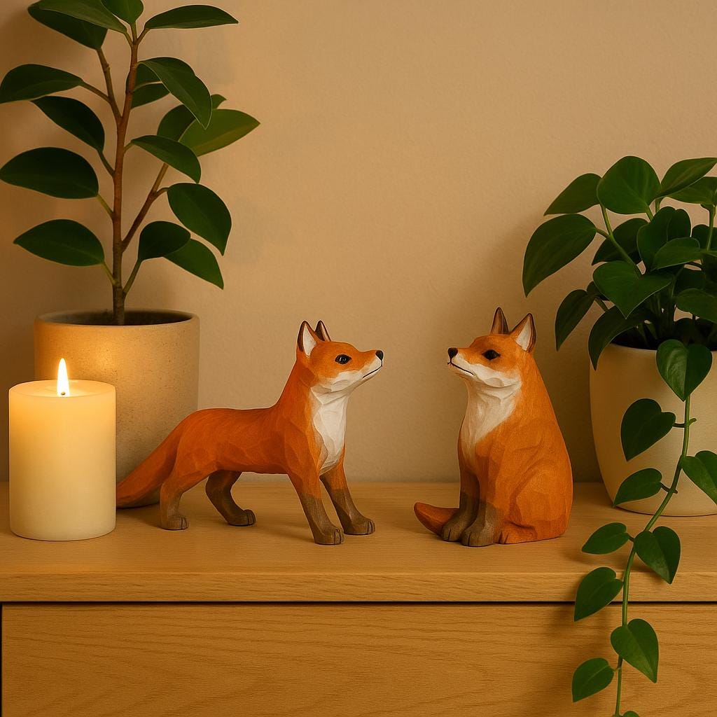 手作りの木製キツネ像 - 素朴なホームデコレーション 誕生日プレゼント