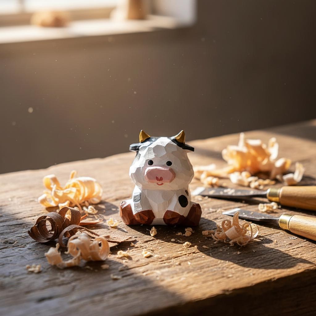木製の牛の置物 - 手作りの誕生日、デスクの装飾、4 cmのミニホワイト