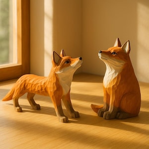 Könnte beinhalten: Zwei Holzfuchsfiguren. Eine steht, die andere sitzt. Beide sind mit detaillierten Fellstrukturen geschnitzt und in Orange- und Weißtönen bemalt. Sie stehen auf einer hellen Holzoberfläche.