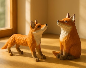 Handgefertigte Fuchs Statue aus Holz - Rustikales Wohn Dekor Geburtstag Geschenk Herbst Orange