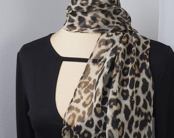 100% Natural Mulberry Leopard Print Chiffon Silk Scarf 3Pc Bundle, Large 65" x 10", Sheer Neck Hair Wrap, Scarf Gift for Women