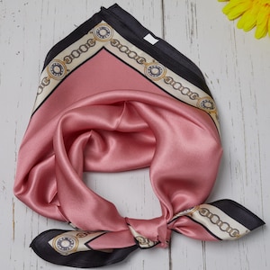 100% Natural Mulberry Silk Scarf – Pink & Gold Chain Print Silk Scarf, Elegant Square Wrap, Scarf for Women, Luxury Silk Gift
