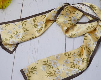 100% Natural Mulberry Silk Narrow Scarf 3Pc Gift Bundle – Yellow Floral Silk Scarf Elegant Vintage-Inspired Neck Wrap, Silk Gift for Women