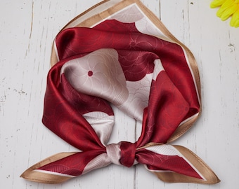 100% Natural Mulberry Silk Scarf 3Pc Gift Bundle – One Side Print Red & Beige Floral Scarf, Japanese-Inspired Square Wrap