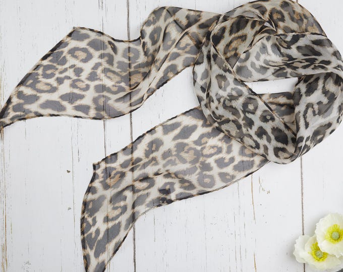 100% Natural Mulberry Leopard Print Chiffon Silk Scarf 3Pc Bundle, Long Narrow 55" x 4", Sheer Neck Hair Wrap, Scarf Gift for Women