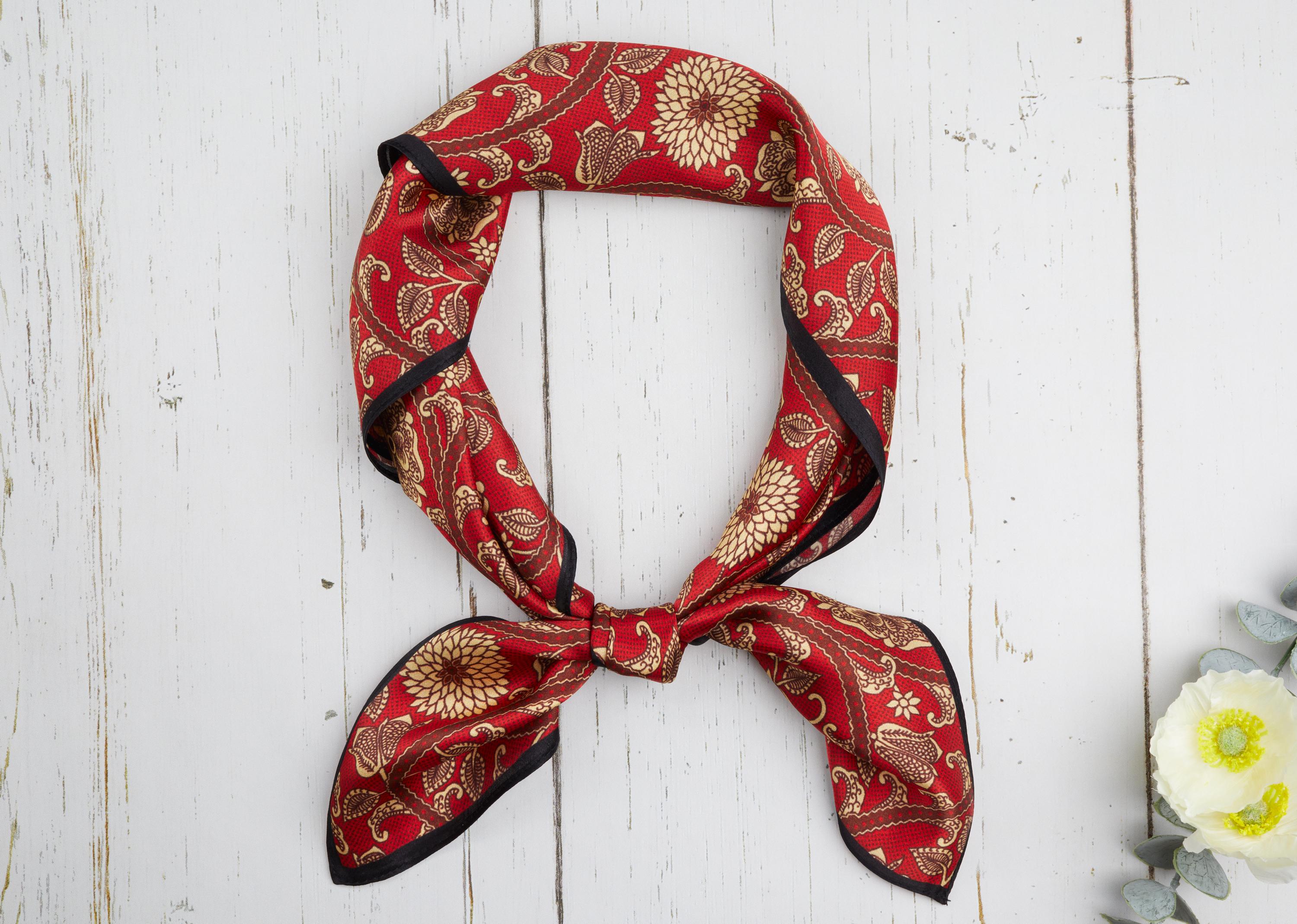 Embellished Floral Tie Hair Scarf in Deep Red with Pearl & Gold Accents Allison Floral Hair Scarf | Skinny Scarf main image 2