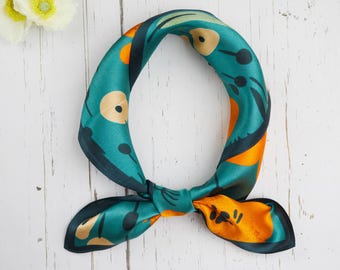Paquete de regalo de 3 bufandas de seda morera 100 % natural: pañuelo cuadrado de seda con estampado floral en verde azulado y naranja por un lado, pañuelo de seda de lujo para mujer.