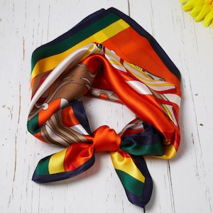 100% Natural Mulberry Silk Scarf – Equestrian Silk Scarf, Vintage Horse Print in Bold Orange, Neck Scarf, Silk Head Scarf, Luxury Silk Scarf