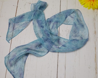 100% Natural Mulberry Chiffon Silk Scarf 3Pc Bundle, Long Narrow 55" x 4" – Light Blue Silk Scarf, Feather Print Sheer Silk