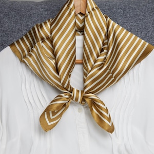 100% Natural Mulberry Silk Scarf – Gold Geometric Stripe 25.5&quot; x 25.5&quot; Square Scarf, One Side Print, Luxury Silk Headscarf, Gift for Women