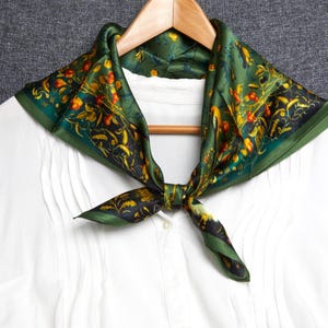 100% Natural Mulberry Silk Square Scarf – Green Silk Scarf 25.5&quot; x 25.5&quot; Scarf, Birds & Floral Pattern, One Side Print, Headscarf for Women