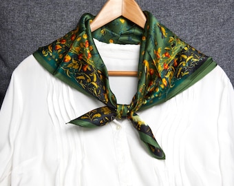 Confezione regalo da 3 foulard quadrati in seta di gelso naturale al 100% - Sciarpa in seta verde da 25,5", motivo con uccelli e fiori, stampa su un lato