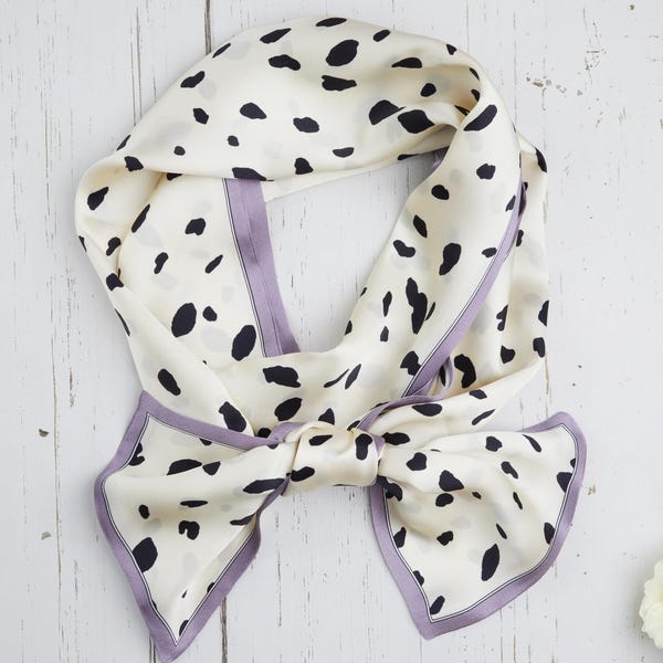 Confezione regalo da 3 sciarpe strette in seta di gelso naturale al 100% - Sciarpa in seta con stampa dalmata, motivo animalier bianco e nero, regalo di lusso