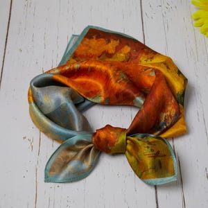 100% Natural Mulberry Silk Scarf 3Pc Gift Bundle– One Side Print Autumn Reflections, Bold Fall Colors, Neck Scarf, Silk Head Scarf Gift