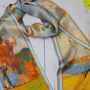 100% Natural Mulberry Silk Narrow Scarf – Abstract Art Silk Scarf Colorful Fall Scenery Wrap, Artistic Headscarf for Women, Luxury Silk Gift