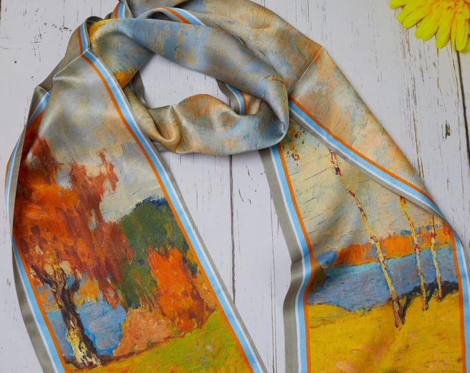 100% Natural Mulberry Silk Narrow Scarf 3Pc Gift Bundle – Abstract Art Silk Scarf Colorful Fall Scenery Wrap, Artistic Headscarf for Women