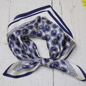 100% Natural Mulberry Silk Scarf – One Side Print Elegant Navy Blue Greek Key Floral Silk Scarf, Silk Head Scarf, Luxury Silk Scarf, Vintage