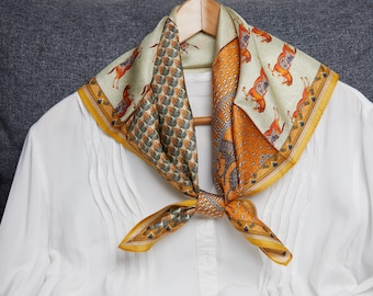 100% Natural Mulberry Silk Square Scarf 3Pc Gift Bundle – Green Silk 25.5" x 25.5" Scarf, Vintage Horse Print Square Shawl, One Side Print