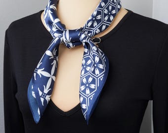 100% Natural Mulberry Silk Square 25.5" x 25.5" Scarf 3Pc Gift Bundle – Navy Blue Silk Scarf, Floral & Geometric Print Wrap, One Side Print