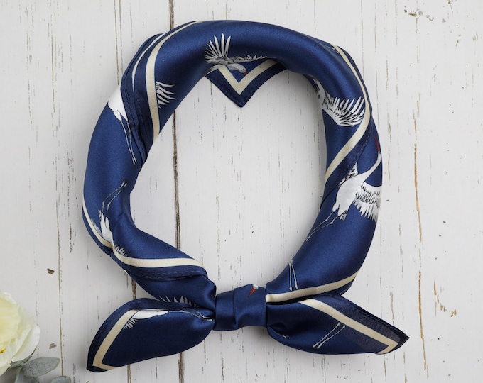 100% Natural Mulberry Silk Scarf 3Pc Gift Bundle – One Side Print Blue Crane Square Silk Scarf, Luxury Silk Bandana for Women