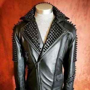 Men&#39;s Spiked Leather Biker Jacket: Handmade Punk Rock Moto Coat