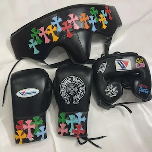 Custom Chrome Hearts Style Boxing Headgear & Gloves | Designer Boxing Set | Handmade Sparring Gear | Colorful Crosses leather boxing gloves