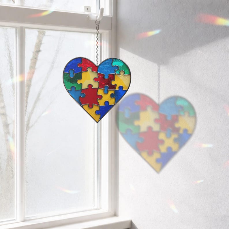 Autism Awareness Heart Suncatcher, Colorful Puzzle Heart Window Hanging ...