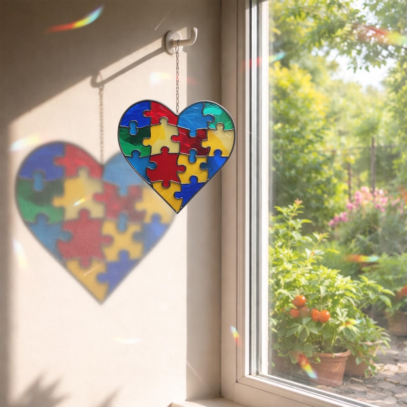 Autism Awareness Heart Suncatcher, Colorful Puzzle Heart Window Hanging ...