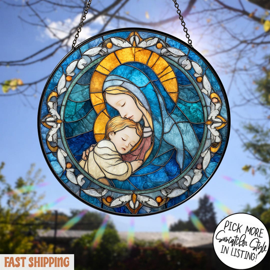 Virgin Mary and Baby Jesus Stained Glass Suncatcher, Christian Catholic ...