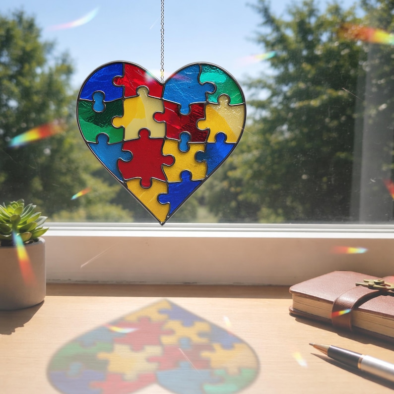 Autism Awareness Heart Suncatcher, Colorful Puzzle Heart Window Hanging ...