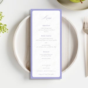 Lavender Minimalist Wedding Menu Card, Elegant Editable and Printable Template, Digital Download