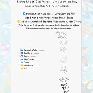 Ocean Life Cape Verde Worksheet | Bilingual English-Kriolu Coloring & Learning PDF | Kids Marine Animals Educational Activity