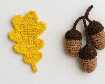 Padrão de bolota de crochê, tutorial de bolota de carvalho amigurumi, padrão de crochê para decoração de outono em PDF, conjunto de folhas de outono, enfeite de floresta faça você mesmo