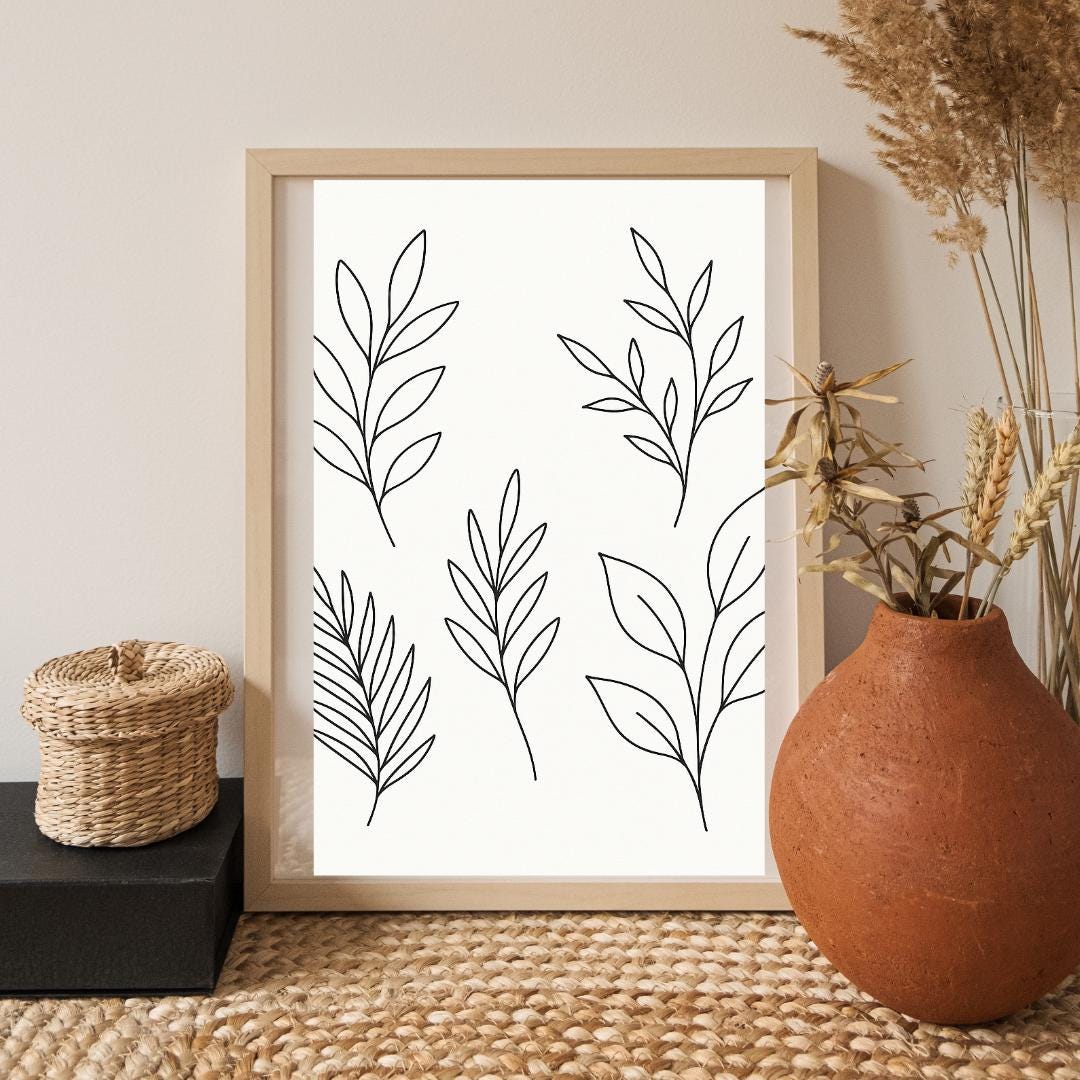 Minimalist Botanical Line Art Printable, Black & White Plant Wall Decor ...