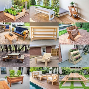 May include: A collection of wooden outdoor furniture, including a raised garden bed, benches, a sofa, a coffee table, a shelving unit, a chair, a picnic table, and planters. The furniture is made of natural wood and is suitable for patios and gardens.