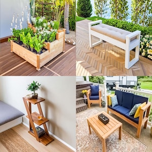 DIY woodworking plans bundle with 12 detailed blueprints for indoor and outdoor garden furniture projects including benches, planter boxes, picnic tables, patio sets, and storage shelves. Step-by-step guides ideal for beginners and experienced woodworkers. Affordable plans to build custom garden furniture and home décor. Perfect for DIY enthusiasts seeking versatile, budget-friendly woodworking project ideas and designs.