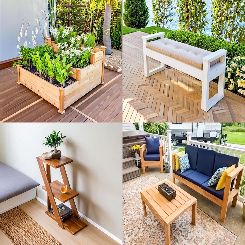 DIY woodworking plans bundle with 12 detailed blueprints for indoor and outdoor garden furniture projects including benches, planter boxes, picnic tables, patio sets, and storage shelves. Step-by-step guides ideal for beginners and experienced woodworkers. Affordable plans to build custom garden furniture and home décor. Perfect for DIY enthusiasts seeking versatile, budget-friendly woodworking project ideas and designs.