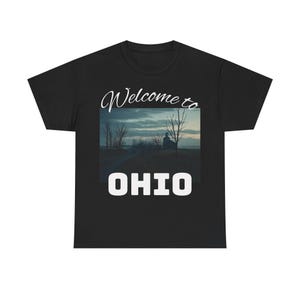 Cryptid Dark Landscape Unisex Heavy Cotton Tee, Ohio Welcome Shirt, Mythical Creature Graphic Tee, Nature Lover Gift, Outdoor Adventure