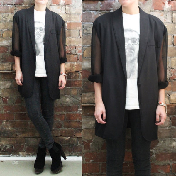 Black Oversized Blazer with Sheer Sleeves - Medium/Large