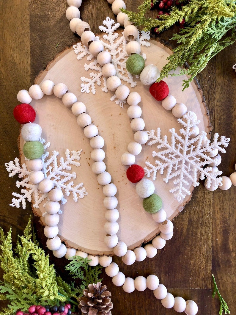 Long wood bead and felt ball garland/Christmas Garland/Tree Etsy