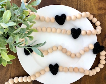Wood Bead Garland: Black Felt Hearts, Boho Nursery Decor