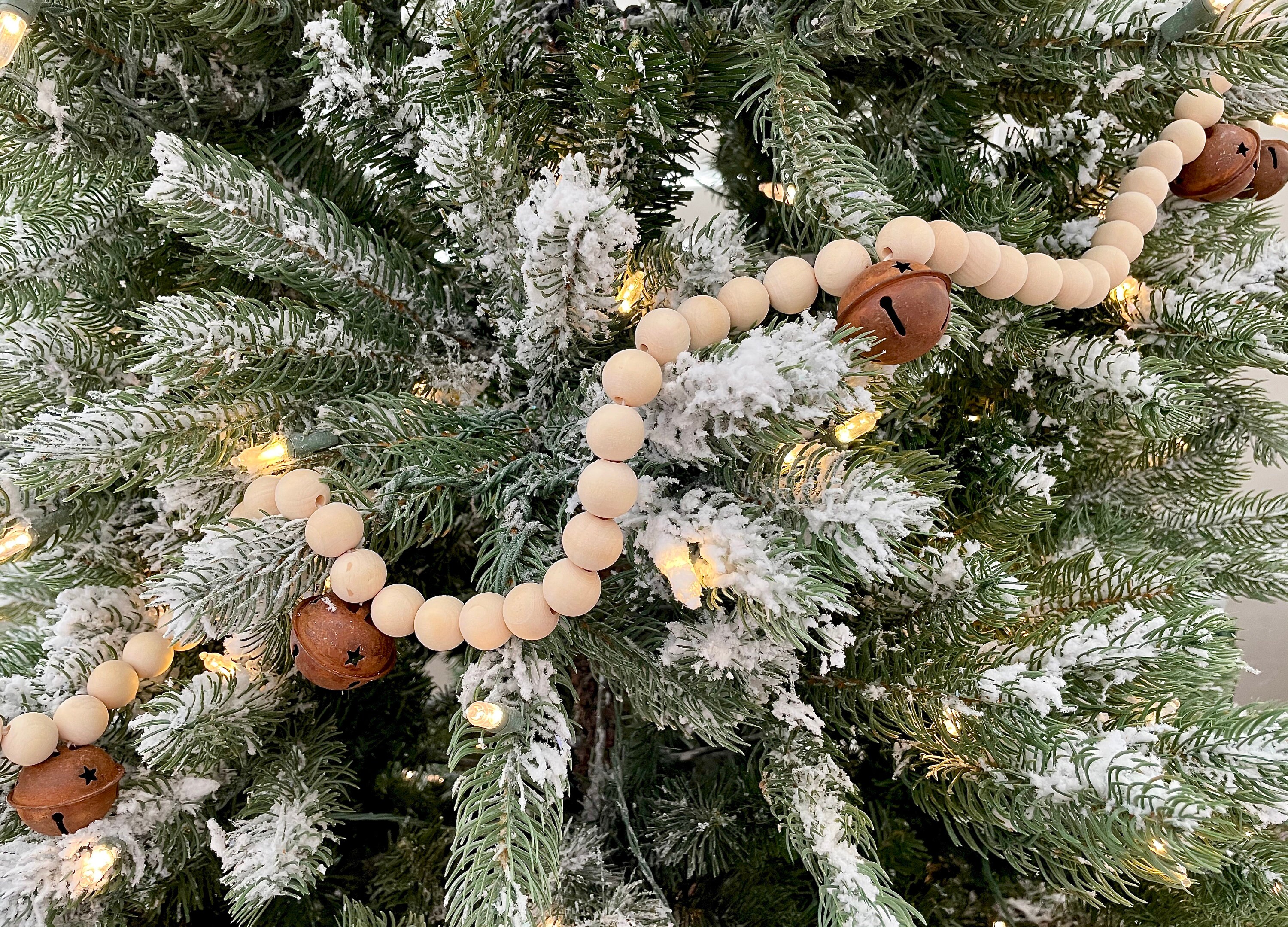Rustic jingle bell long wood bead christmas tree garland, Rusty bells,  Holiday, Farmhouse, Modern, Boho, Scandanavian, mid century modern