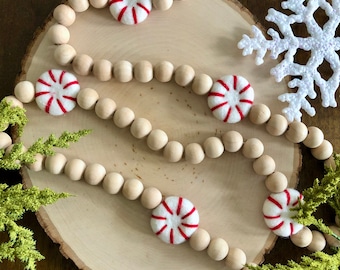 Wood Bead Garland with Felt Peppermints: 60" Holiday Decor