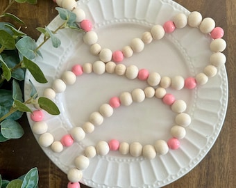 Guirnalda de cuentas de madera rosa - Guirnalda para árbol de Navidad, fiesta neutra, Navidad moderna, guirnalda de cuentas de árbol larga sostenible, baby shower