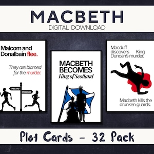 Könnte beinhalten: Ein Satz von drei Macbeth-Plotkarten mit Schwarz-Weiß-Illustrationen und Text. Die Karten zeigen Szenen wie Malcolm und Donalbain auf der Flucht, Macbeth wird König und Macduff entdeckt Duncans Mord. Der Text "Plot Cards - 32 Pack" steht unten.