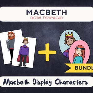 May include: A digital download bundle featuring Macbeth display characters. The set includes illustrations of figures in royal attire, crowns, and capes, alongside a yellow plus sign. The text reads MACBETH DIGITAL DOWNLOAD and BUNDLE.
